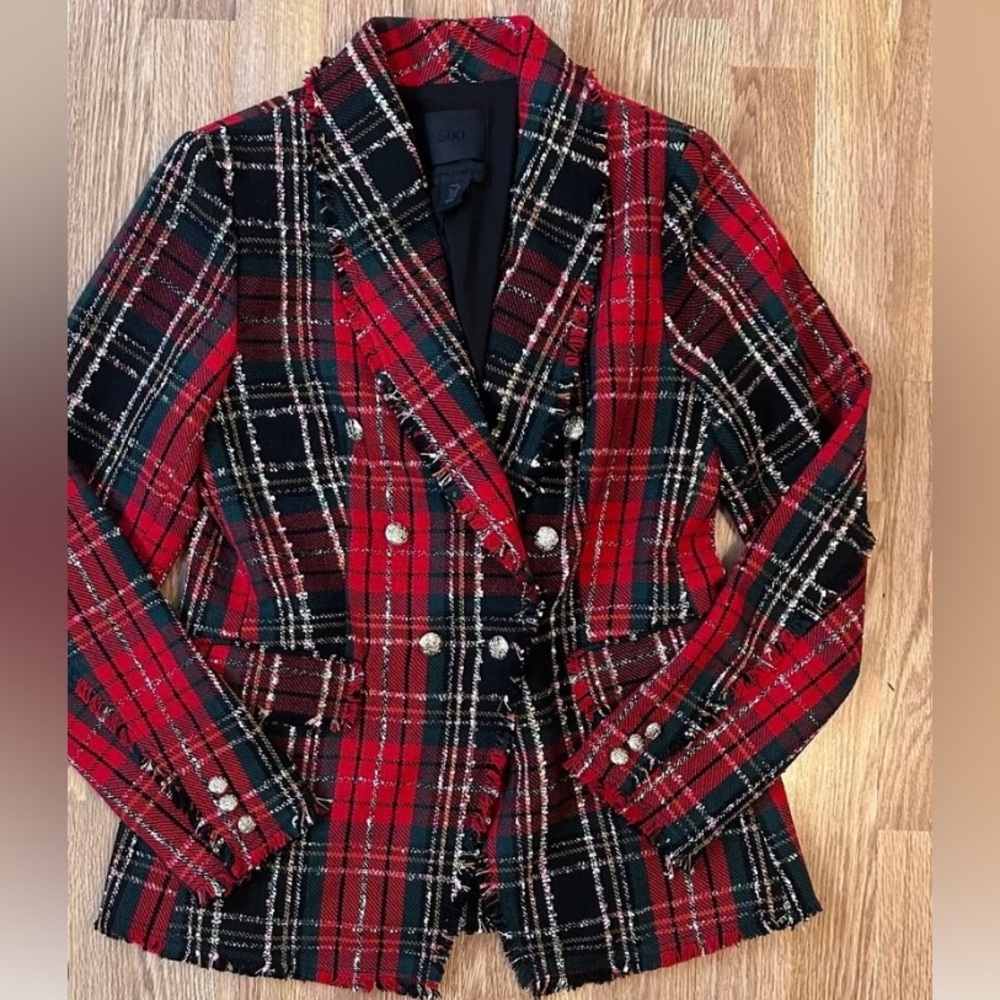 Tailored Red & Black Plaid Double-Breasted Blazer